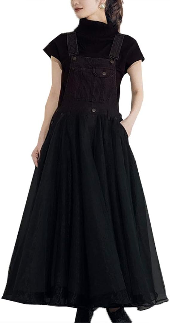 Amazon Co Jp Youha チュールドッキングワンピース ワンピース ジャンパースカート ジャンスカ デニム きれいめ 大人 上品 カジュアル ブラック 服 ファッション小物