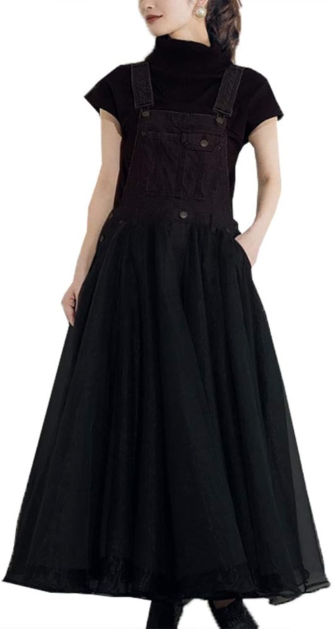 Amazon Co Jp Youha チュールドッキングワンピース ワンピース ジャンパースカート ジャンスカ デニム きれいめ 大人 上品 カジュアル ブラック 服 ファッション小物
