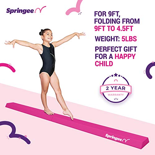 Springee 9ft Balance Beam - Extra Firm - Vinyl Folding Gymnastics Beam for Home - Pink