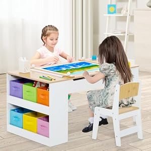 INFANS 3 in 1 Kids Art Table and Chair Set, Toddler Craft Play Wood Activity Desk with 2 Chairs Storage Canvas Bins Paper Roll for Writing Drawing, Children Furniture for Daycare Nursery INFANS 3 in 1 Kids Art Table and Chair Set Toddler Craft Play Wood Activity Desk with 2 Chairs Storage Canvas Bins Paper Roll for Writing Drawing Children Furniture for Daycare Nursery
