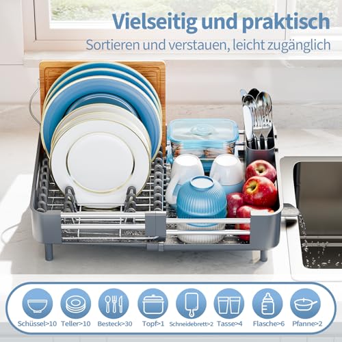KINGRACK Dish Drainer Rack - Extendable Dish Rack, Stainless Steel Dish Drainer for Kitchen Counter, Draining Board Rack with Removable Cutlery Holder, Gray - Image 4