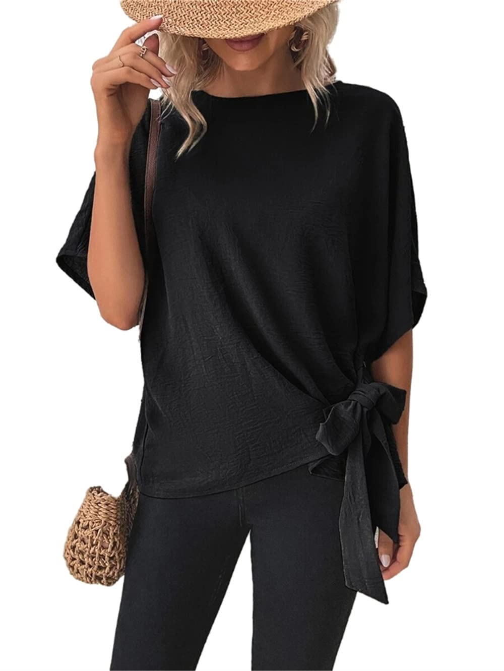 MQYXGS Camisas para mujer, mangas de murciélago, cuello redondo, blusas elegantes, blusas de manga corta, anudadas, camisetas acogedoras, blusa superior