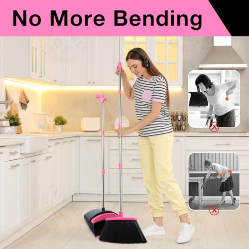 Image of Broom and Dustpan Set, Long Handle Lightweight Dustpans with Broom Combo for Home, Indoor&Outdoor Sweeping for Home Room Kitchen Office Lobby (Black Pink)