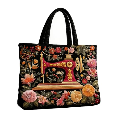 2026 Sewing Machine Print Floral Quilted Tote Womens Casual Shoulder Bag Daily Handbag For Shopping (A01 F)