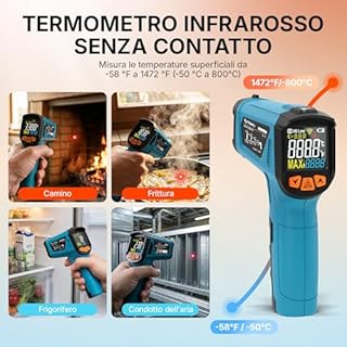 Tilswall Termometro Infrarossi Professionale (-50°C~800°C) con Sonda per Carne e Display LCD a Colori - Per Cucina/Forno/Frigori/Industriale(Non per Umani)
