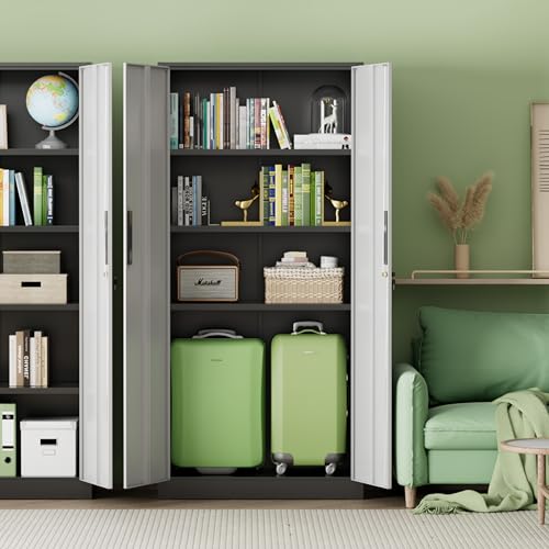 Image of INTERGREAT Metal Storage Cabinet with Lock, 71 inch H with 2 Doors and 4 Adjustable Shelves, Locking Garage Cabinet for Home Office, Kitchen, Bathroom, 16 inch D x 32 inch W x 72 inch H (Black Grey)