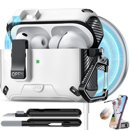 Image of for AirPods Pro 3 Case with Lock (White) | Compatible with MagSafe,with Phone Stand,with Automatic Snap Switch Carbon Fiber Design Protection Cover with Cleaning Pen