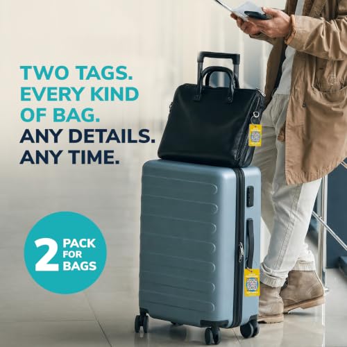 Image of Smart Luggage Tags | Privacy QR Code Luggage Tag, Yellow, 2-Pack | Keeps Personal Info Private | Customizable Suitcase Tags for Women & Men | Use with GPS Bag Locator Tracking, Android /iOS