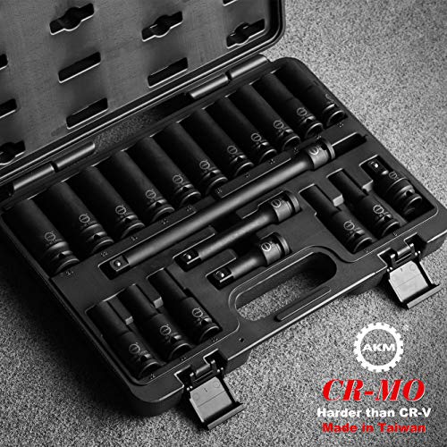 AKM 1/2" Drive Deep Master Impact Socket Set,Cr-Mo Alloy Steel 6-Point Socket Set 8-24mm, Universal Joint & Impact Extensions for Professional Use - Thumbnail 6