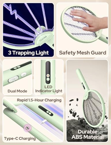 Image of CostarMatter Mosquito Killer Racket, Foldable Bat with UV Light, 3400V, 2 in 1 Auto Mosquito Killer, Racket for Mosquitoes, Electric Fly Swatter with Lithium-ion Battery, Green