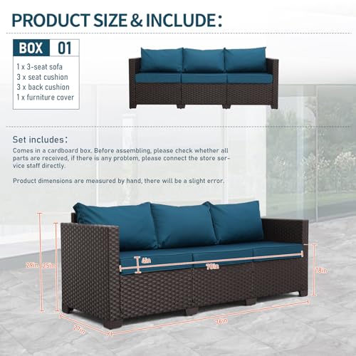 Valita Patio Furniture 3-seat Sofa Brown Wicker Outdoor Furniture Outdoor Couch Deep Seat High Backrest Waterproof Cover Anti-Slip Washable Cushions, Peacock Blue