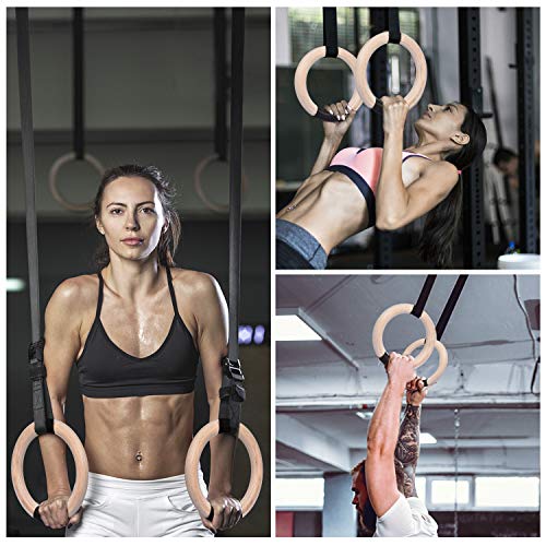 image for Newtion Wooden Professional Gymnastic Fitness Rings with 15ft Adjustab