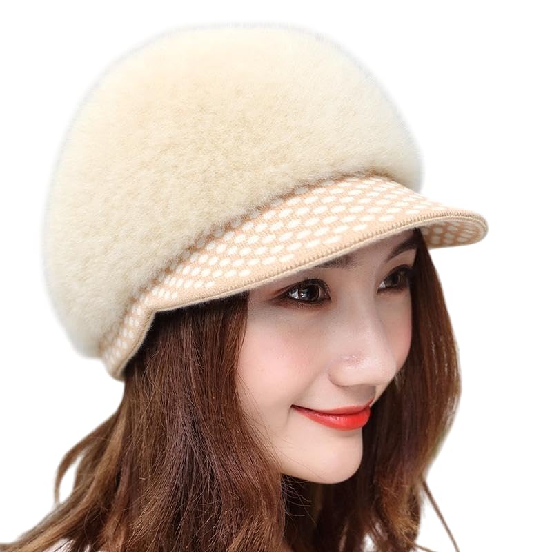 Winter Woolen Visor Fashionable Cap for Women Girls Warm Knit Hat Fleece Lined Snow Ski Beret | Cabbie Stylish Faux Fur Warm Skull Cap-image-12