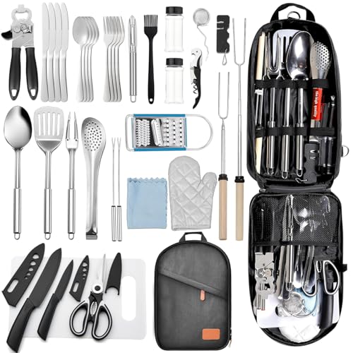36-Teiliges Camping Kochgeschirr Set,Camping Geschirr Set,Camping Besteck Set,Camping Zubehör mit Edelstahl Gabeln,Messer und Löffel,Komplettes Tragbares Besteck für Outdoor,Picknick und Grillen