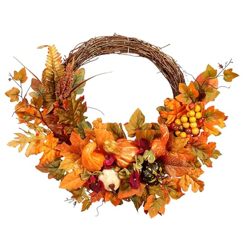 Corona de otoño – Coronas de otoño para puerta delantera con calabazas hojas de arce | Guirnalda de otoño | Decoración artificial del hogar para Halloween, granja, interior, exterior, jardín, porche