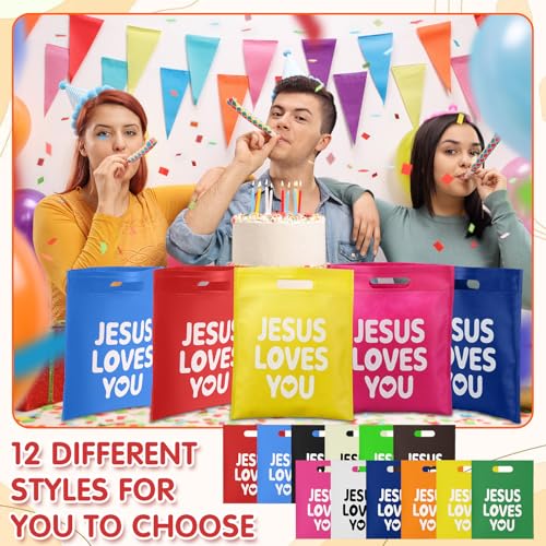 Image of VitalCozy 24 Pcs Jesus Loves You Bags Bulk Reusable Non Woven Christian Religious Gift Bag with Handle Mother's Day Candy Tote (Multicolor)
