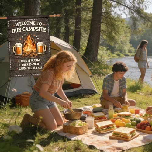 Image of Nuxovilar Camping Flag Fire Pit Garden Flag 28x40 Inches Polyester | Campsite Banner Vintage Lawn Decor Campsite Fire Pit Entryway (Rustic Campfire)