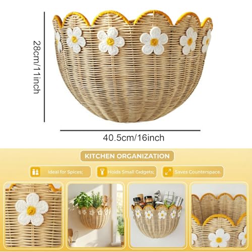 Cesta colgante de mimbre y pared con decoración de margaritas para baño 8