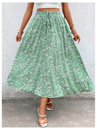 Women's Boho Floral Flowy Midi Skirts Drawstring Waist Graphic Vacation Summer Skirt4