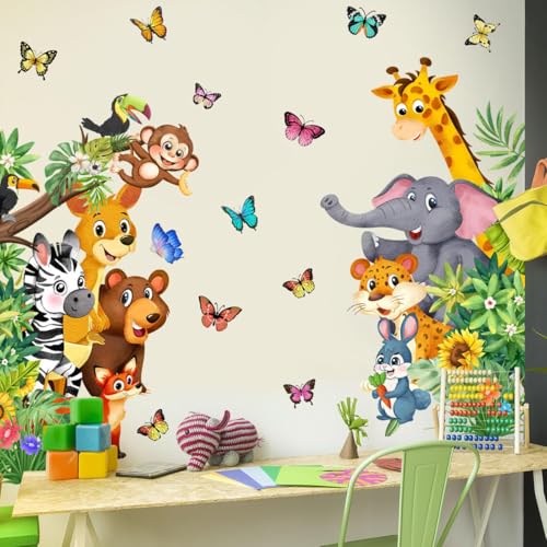 Jungle Animal Wall Decals, Cartoon Safari Stickers with Elephant, Lion, and Monkey, Nursery Wall Art for Baby Room, Playroom, Bedroom, Classroom, and Kindergarten Decor