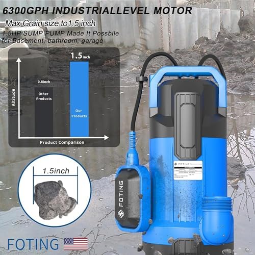 FOTING Sump Pump, High Flow Submersible Water Pump with Float Switch, Automatic Clean/Dirty Utility Pump for Basement Puddle Pool Tub Pond Draining, 1.5 HP, 6300GPH - 2