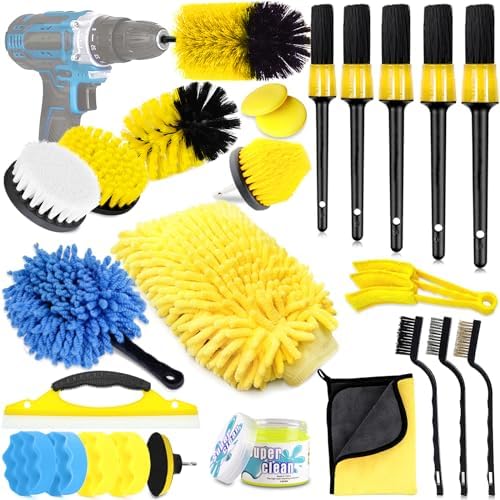 Car Cleaning Kit, Car Cleaning Brush for Interior and Outdoor, Car Motorcycle Wash Kit with Drill Br...