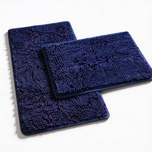 Bath Rugs Non Slip Washable 2 Piece Non Slip Extra Absorbent Shaggy Chenille Bathroom Rugs and Mats Sets Deep Blue 32"L x 20"W + 24"L x 16"W