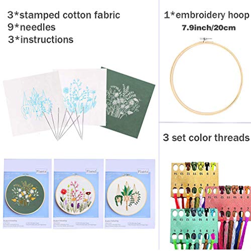 JUSHOOR 3 Sets Embroidery Starter Kit with Patterns, Full Range of Cross Stitch Kit Supplies for Beginners Adults Kids(Bamboo Hoop+Cloth+Tools)