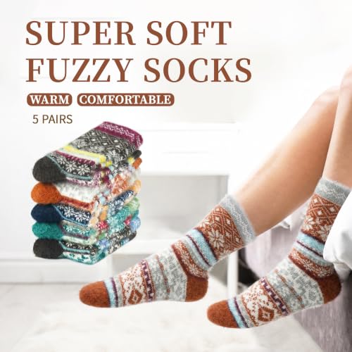 Image of ICEIVY 5 Pair Fuzzy Cozy Socks for Women - Warm Comfy Soft Casual Home Sleep Winter Wool Socks - Gifts for Women