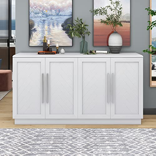 Storage Cabinet, Sideboard With 4 Doors Large Storage Space Buffet Cabinet With Adjustable Shelves And Silver Handles For Kitchen/Dining Room/Living Room, White #TOP30