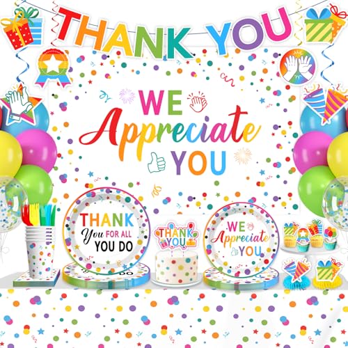 210pcs Employee Appreciation Decorations for 25 Guests, All-in-One Set with No-DIY Banner, Balloons, Plates, Cake Toppers, Cups, Napkins, Tablecloths – Easy Assembly We Appreciate You Decor