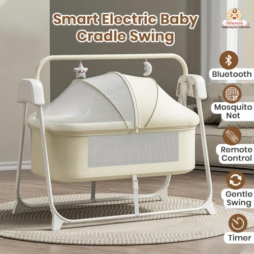 Image of Infantso Premium Electric Baby Cradle - Bluetooth & Remote Control Palna Jhula with Custom Swing Time & 5-Speeds, Automatic Cradle for 0-12 Months with Soft Mattress