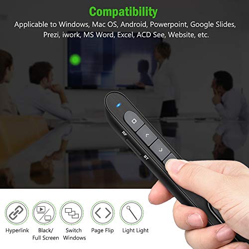 DinoFire for Bluetooth Green Light USB Rechargeable Presentation Remote Powerpint Clicker RF 2.4 GHz Dual Modes Wireless Presenter Slide Advancer Hyperlink for Mac/Keynote/PC/PPT