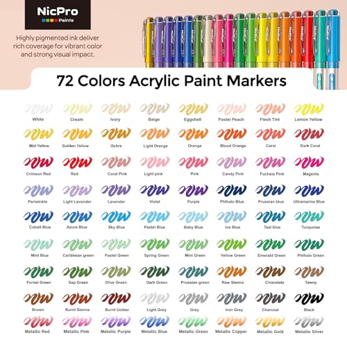 Image of Nicpro 72 Colors Acrylic Paint Markers Brush Tip, Water-Based No-Bleed | Paint Markers with Automatic Ink Control, Waterproof Acrylic Paint Pens for DIY Art & Crafts-Eggs, Rock, Wood, Glass, Fabric