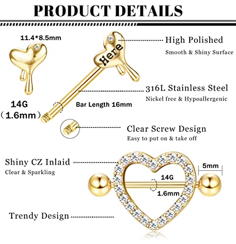8 Pairs 14G Nipple Rings for Women Stainless Steel CZ Striaght Barbell Tongue Ring Nipple ring Set Butterfly Devil Heart Nipple Piercing Jewelry 16mm 5/8Inch4