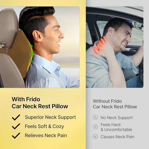 Image of Frido Ultimate Car Neck Rest Pillow | Ultrasoft Pillow for Comfortable Car Rides | Superior Neck Support Cushion | Relieves Neck Pain | Hi-Per Foam Head Rest Pillow with Washable Velvet Cover | Tan