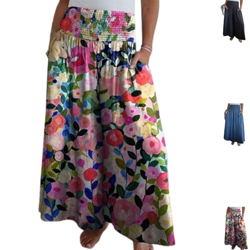Soft Cotton Wide Skirt with Elastic Waistband, Lightweight A-Line Casual Travel Skirt with Pockets for Parties