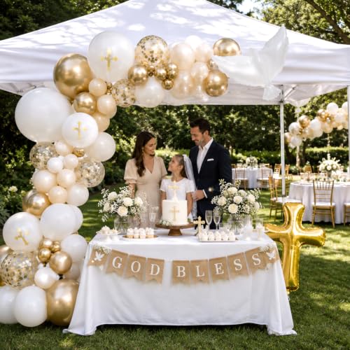 Image of 132Pcs God Bless Baptism Decorations Kit White Sand White and Gold Balloon Garland Arch with Dove Cross Foil Balloons for First Holy Communion God Bless Christening Baptism Birthday Party Supplies