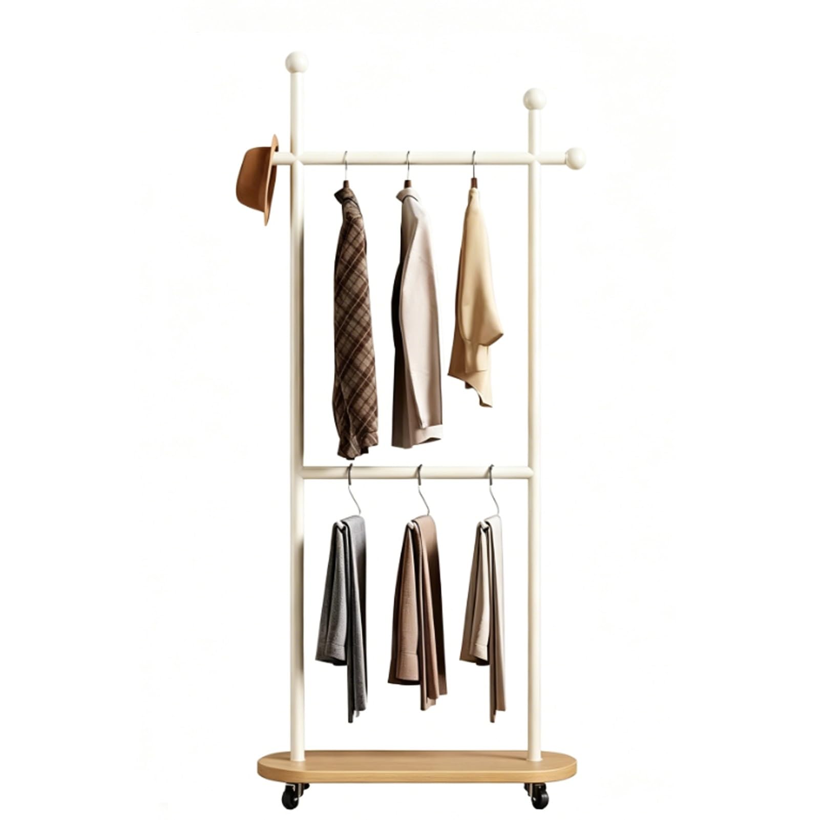 YAOHY Coat Rack Freestanding Clothing Rack with Wheels, Double-pole Clothing Racks with Storage Shelves for Corner Bedroom Hallway Entryway Living Room Hotel(White,31.4in/80cm,Style1)