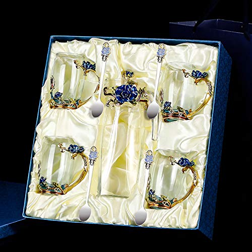 Crystal Glass 3D Butterfly Flower Tea Cups, Coffee Cup Mug Set, Including 4 Fancy Glass Teacup with Spoon & Flower Tea Steeping Mug with Lid, Gift Box Package, A Great Gift Present Idea. (Blue 12oz)