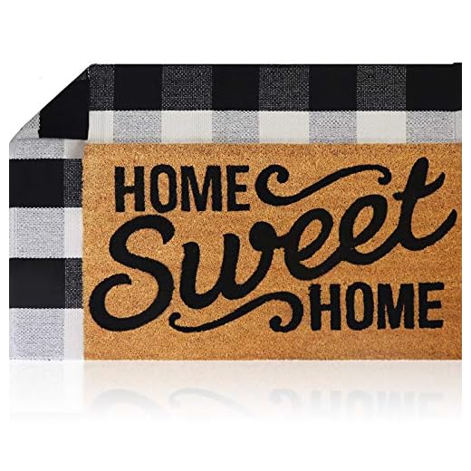 Sierra Concepts Pure Coco Coir Front Door Welcome Mat Outdoor Rug 30"x17" + Buffalo Plaid Rug Checkered Layered Black and White Floor Combo Set - Non Slip Entryway Indoor Outdoors Mats Home Sweet Home