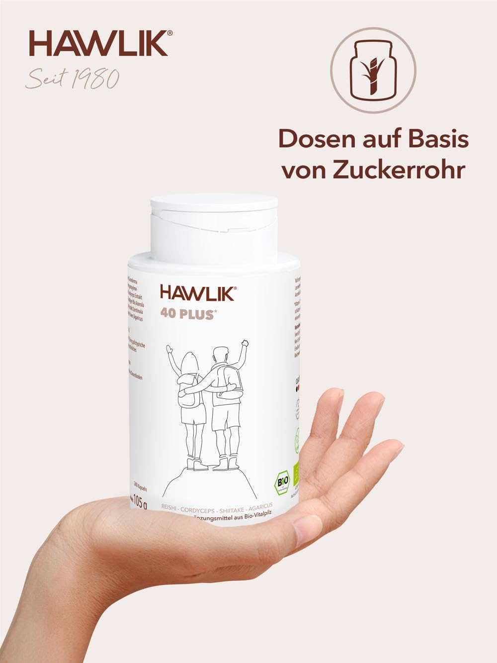 HAWLIK 40-Plus Bio Vitalpilzmischung 240 Kapseln, Mit Vitamin C, Kombination aus Reishi, Cordyceps Sinensis, Shiitake, Agaricus, Natürlicher Anbau, Vegan
