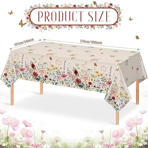 6 Pcs Spring Floral Tablecloth, Butterfly Wildflower Plastic Disposable Tablecloth Rectangle Table Covers for Easter, Birthday, Wedding, Mothers Day Tea Party Supplies and Decorations,54 x 108 Inch by YIDAKO - Image 2