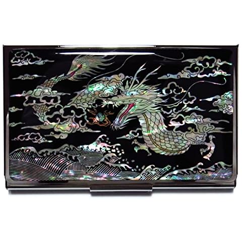 MADDesign Mother of Pearl Dragon Black Business Card Case Id Holder Travel Wallet Cover