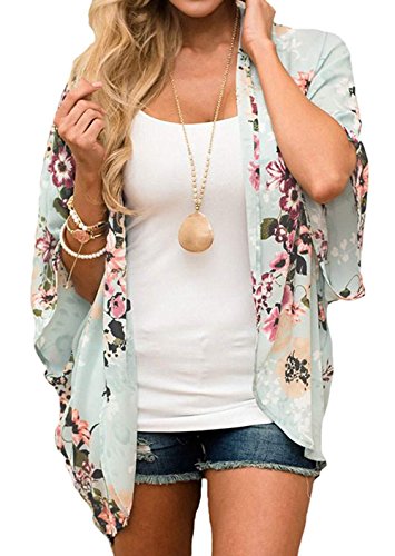 Relipop Women's Sheer Chiffon Blouse Loose Tops Kimono Floral Print Cardigan