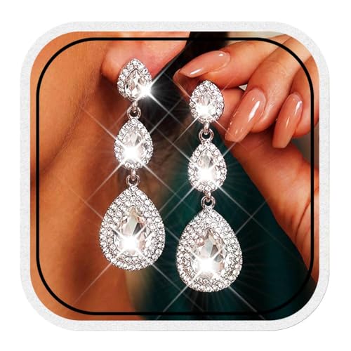 Catery Long Rhinestone Earrings Silver Teardrop Earrings Dangling for Women (Silver)
