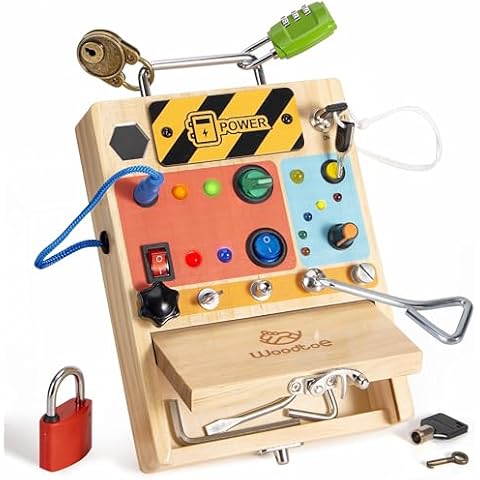 Woodtoe 3-in-1 Busy Board with Led Light Switch, Montessori Toddler Screwdriver Board, Sensory Lock and Key Toys, Educational Fine Motor Skills Travel Toys for Toddlers Boys and Girls 3 4 5 Year Old Cover