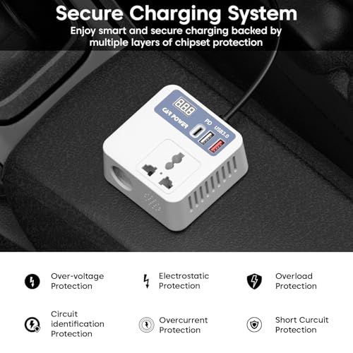 Image of Sounce 150W Car Power Inverter - 12V DC to 220V AC, Dual AC Outlets, 2 USB Ports (3.1A Max) & Type-C Fast Charging, Compact & Safe Laptop Charger for Travel & Camping