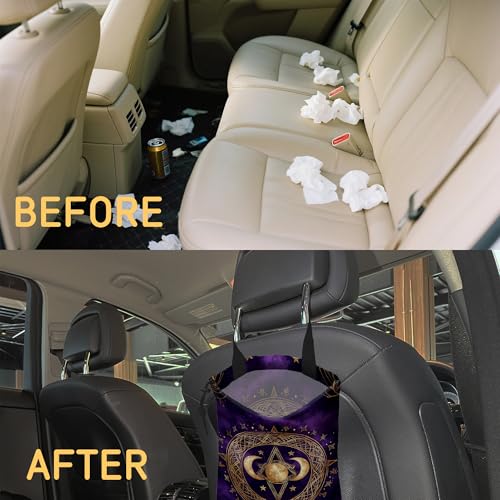 Image of Moon and Star Car Trash Bag,Purple Crescent Moon Hanging Drawstring Car Garbage Bag,Canvas Car Back Seat Organizer with Adjustable Buckle for Men and Women