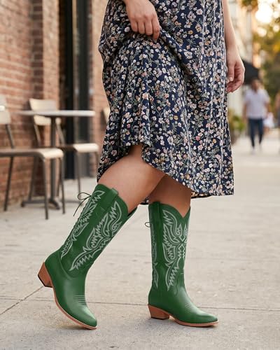 Image of Uillnoodu Wide Calf Cowboy Boots Women Adjustable Lace Up Knee High Tall Plus Size Cowgirl Boots Western Style Comfortable 2-Inch Heel